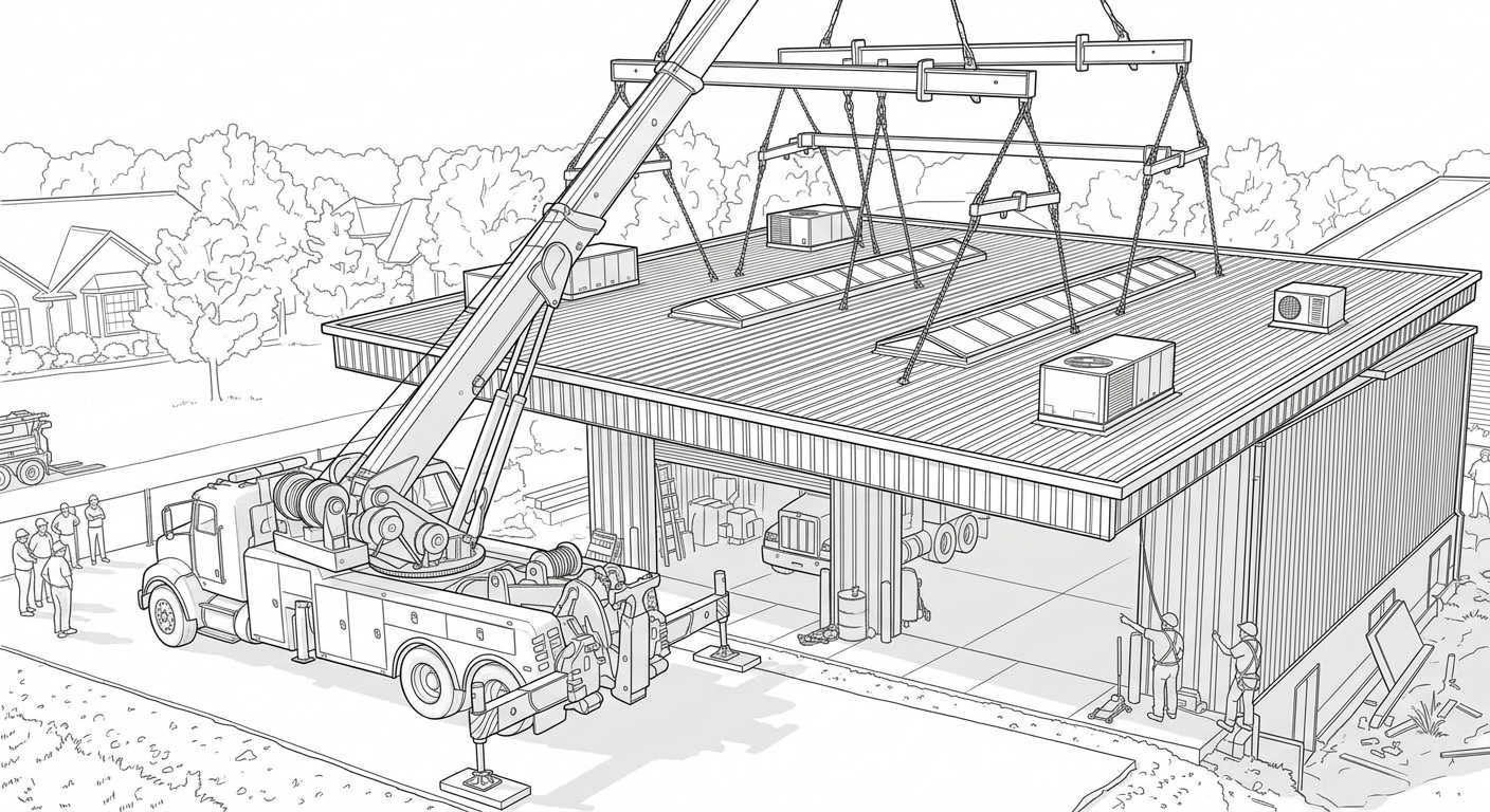 Crane lifting a large pre-assembled roof onto a modular house foundation with construction workers guiding it